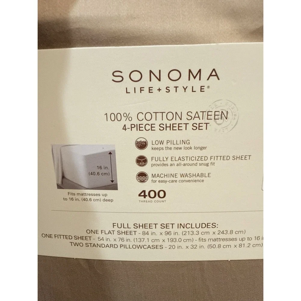Sonoma Life + Style 100% Cotton Sateen 400 Count Full 4 Piece Sheet Cornstalk